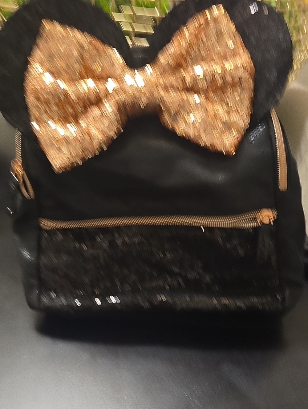 Minnie Mouse Black Backpack with Gold Sequin Bow